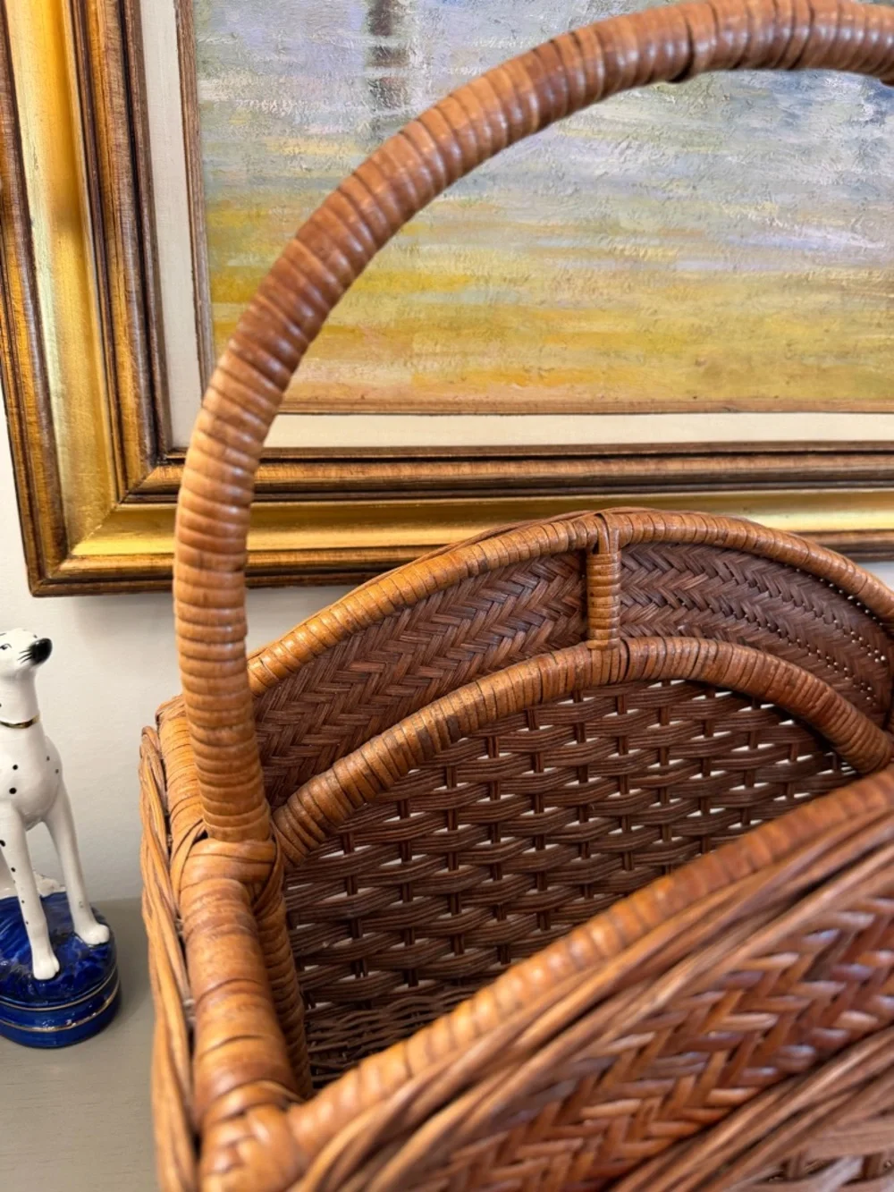 Vintage Rattan Magazine Rack Towel Holder Mid-Century Modern Boho Wicker Bamboo